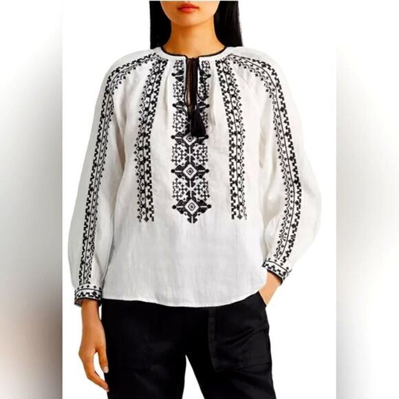 Lauren Ralph Lauren Embroidered Beaded Linen Blouse, Boho Cottagecore | PL - Picture 1 of 14